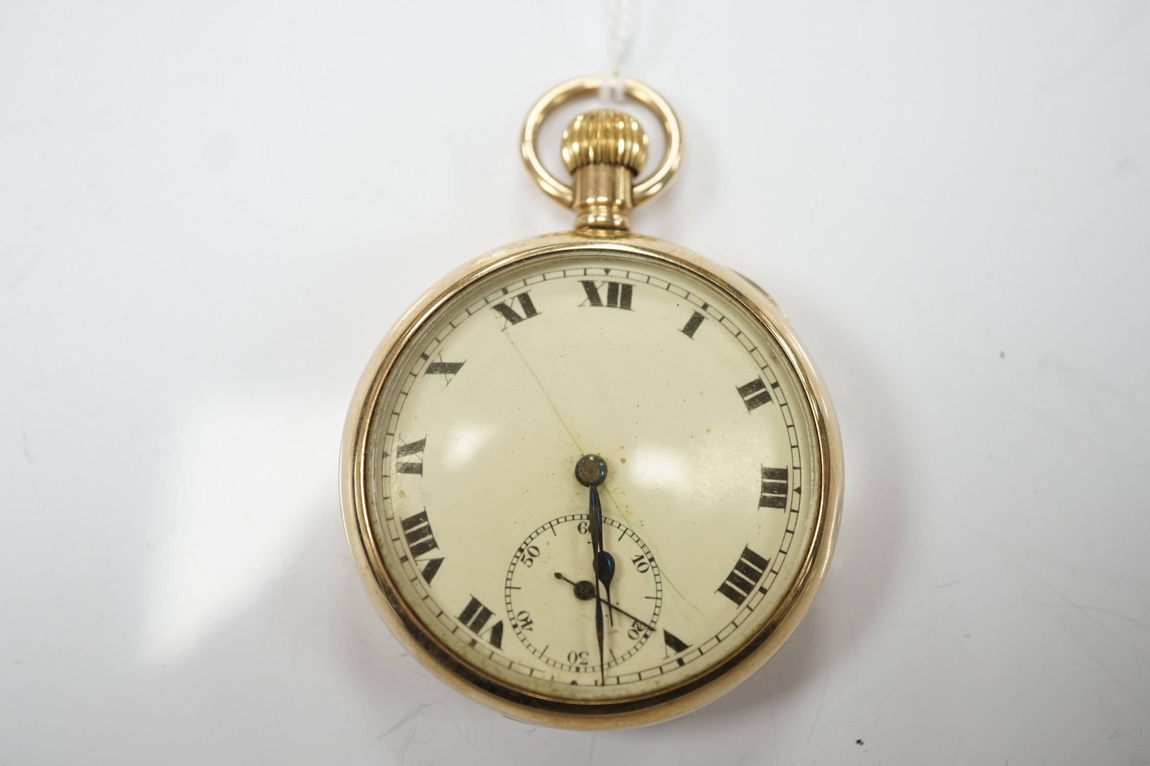 A George V 9ct gold open face keyless pocket watch, with Roman dial, subsidiary second and metal inner case, case diameter 48mm